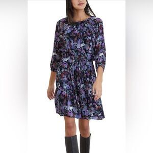 Bella Dahl Raglan Mini Dress Purple Blue Black 3/4 Sleeve Elastic Waist M